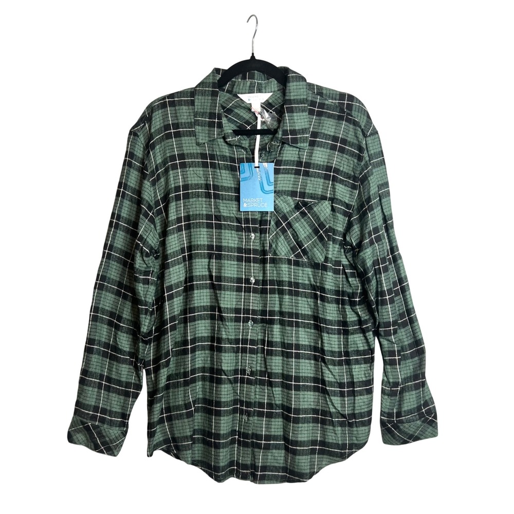 Market & Spruce Plaid Button Shirt Size L Green Black‎ Grunge Cabin  NWT